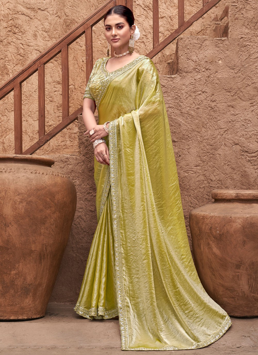 Classic Saree Embroidered Mustard Satin Silk Saree S13259