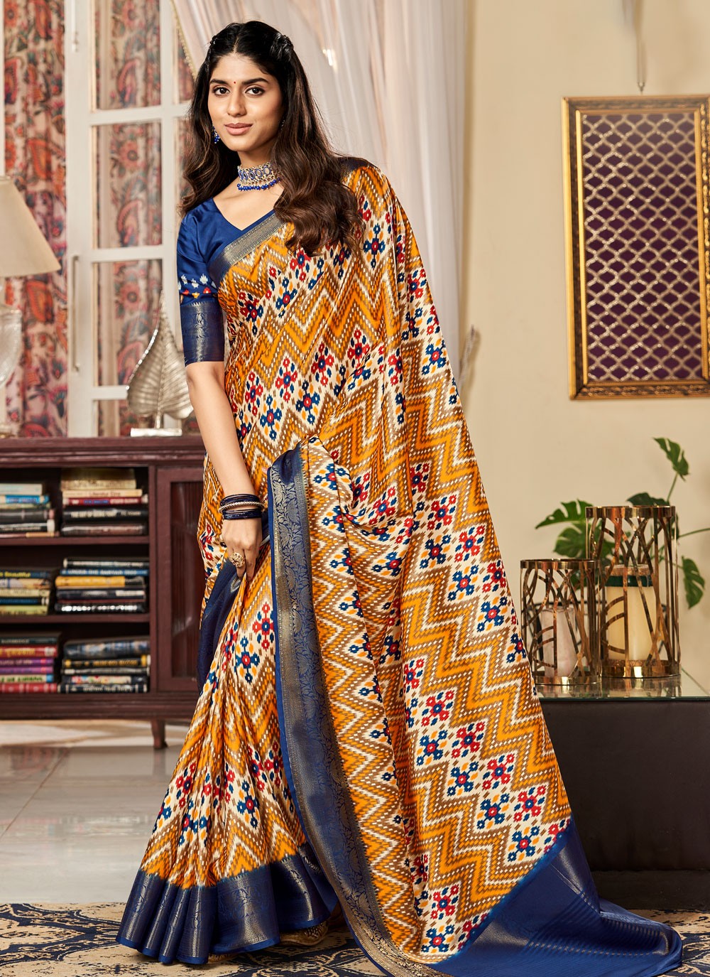 Classic Digital Print Satin Saree - S3936