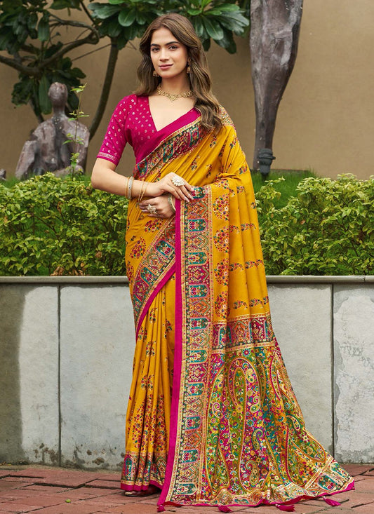 Mustard Silk Contemporary Saree Digital Print S19349