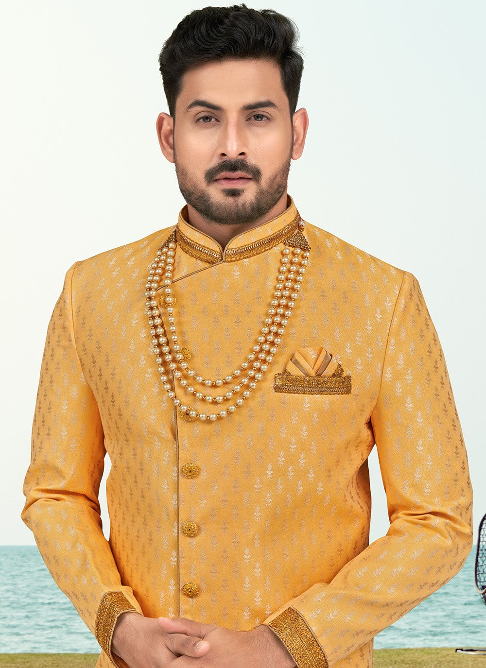 Machine Embroidery Banarasi Silk Mustard Sherwani - M6795
