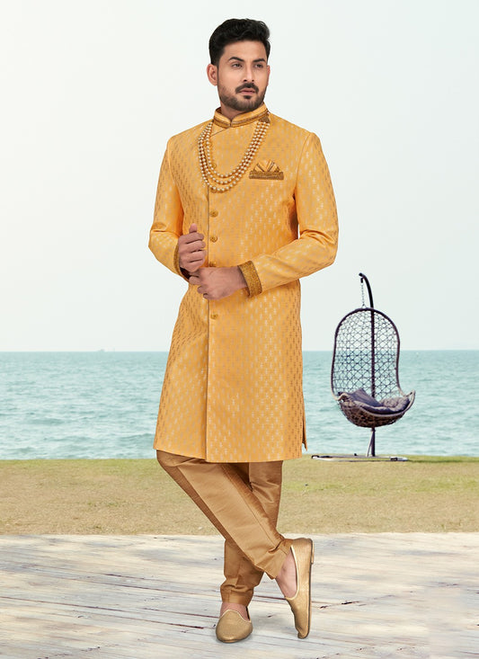 Machine Embroidery Banarasi Silk Mustard Sherwani - M6795