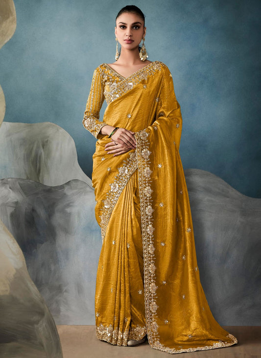Mustard Tissue Trendy Saree Embroidered, Sequins, Zari S19850