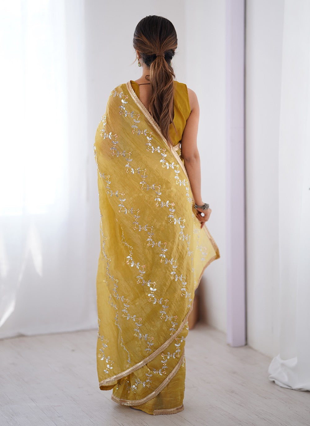 Mustard Crush Classic Saree Beads, Moti, Sequins S16247