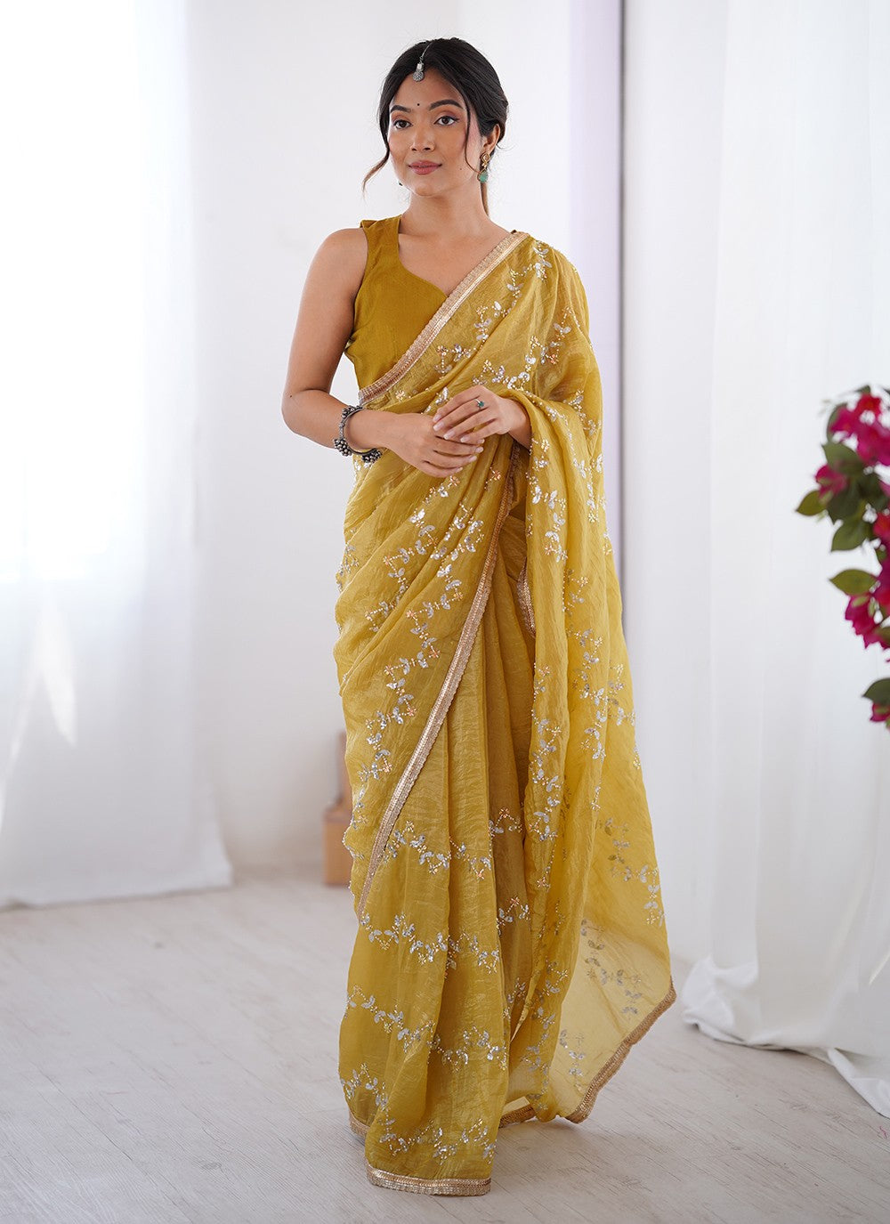 Mustard Crush Classic Saree Beads, Moti, Sequins S16247