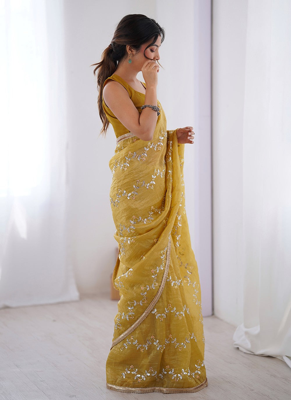 Mustard Crush Classic Saree Beads, Moti, Sequins S16247