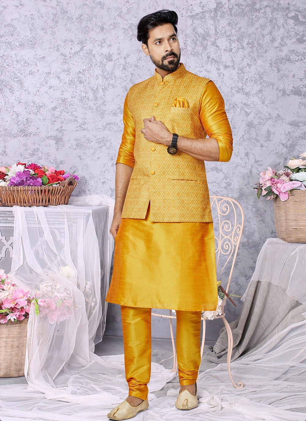 Digital Print Cotton , Dupion Silk Mustard Kurta Payjama With Jacket - M5532