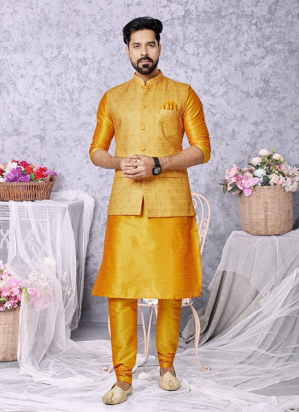Digital Print Cotton , Dupion Silk Mustard Kurta Payjama With Jacket - M5532