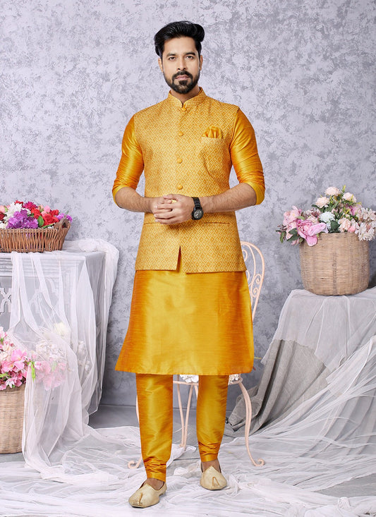 Digital Print Cotton , Dupion Silk Mustard Kurta Payjama With Jacket - M5532
