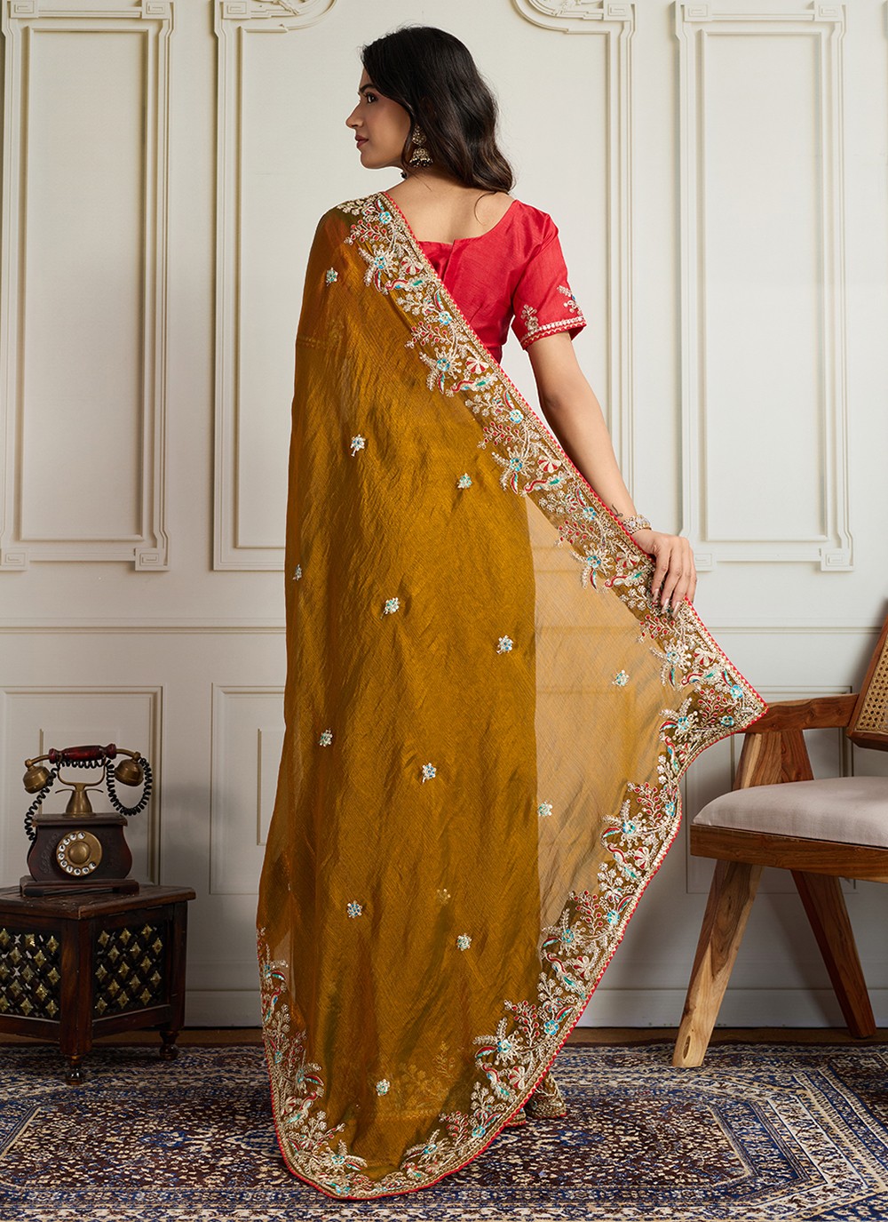 Mustard Chiffon Classic Saree Embroidered S19119