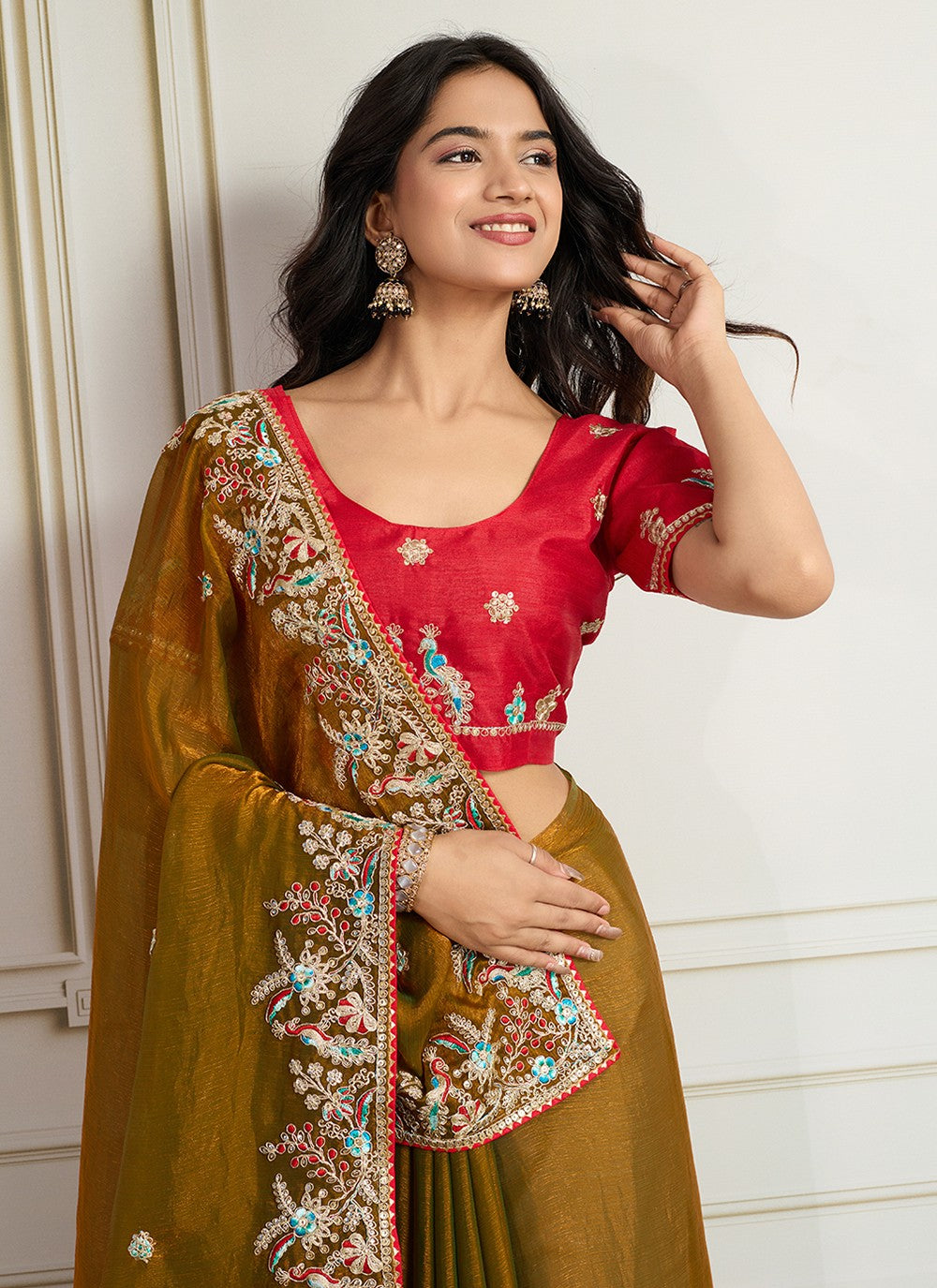 Mustard Chiffon Classic Saree Embroidered S19119