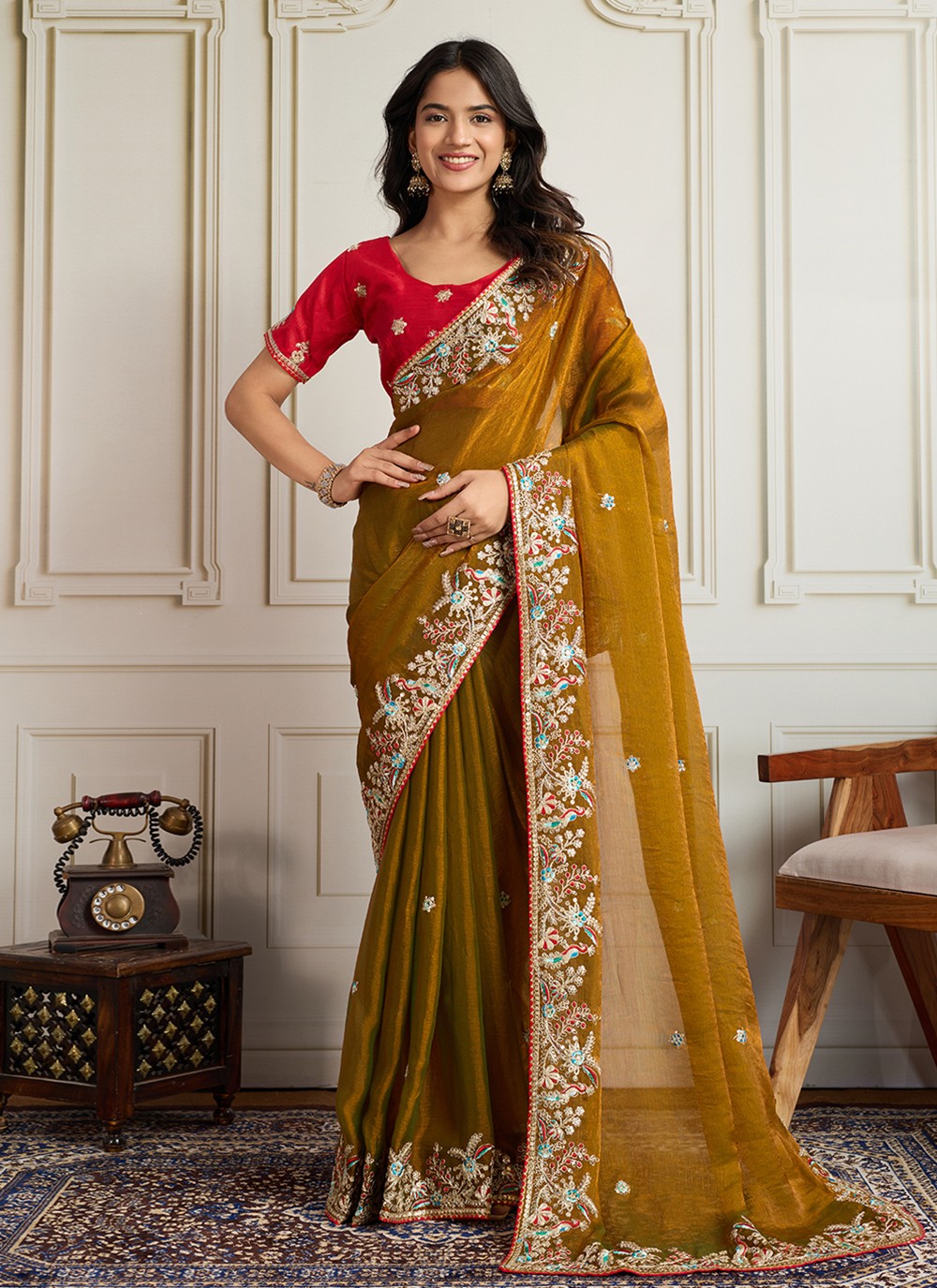 Mustard Chiffon Classic Saree Embroidered S19119