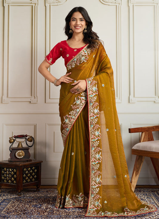 Mustard Chiffon Classic Saree Embroidered S19119