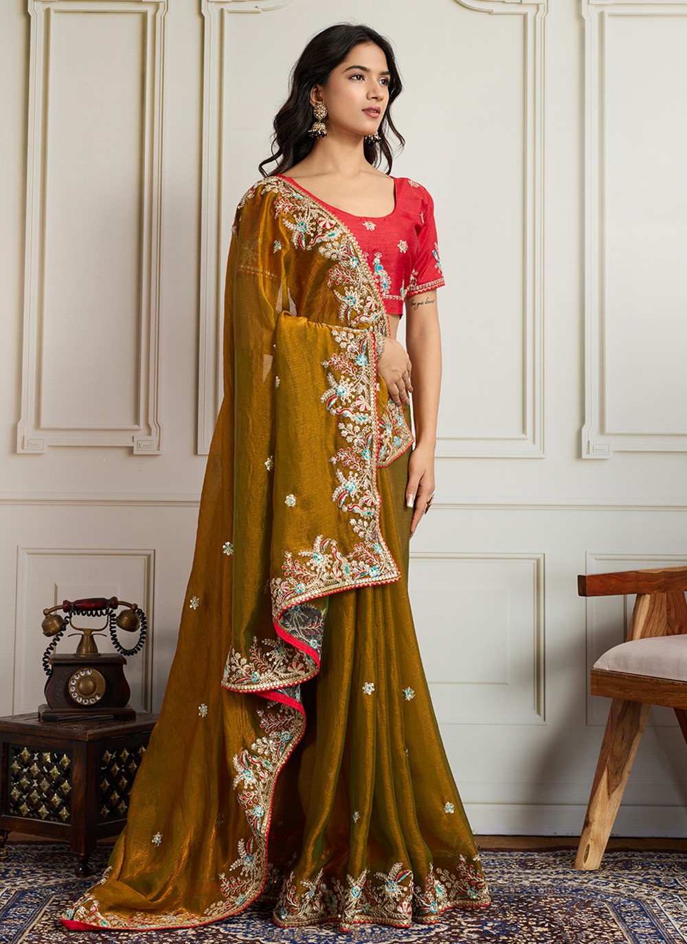Mustard Chiffon Classic Saree Embroidered S19119