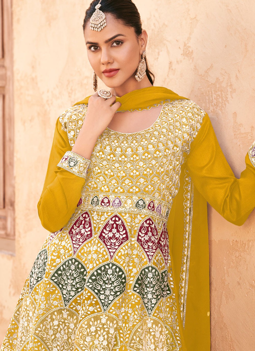 Embroidered Chinon Mustard Palazzo Suit T6211