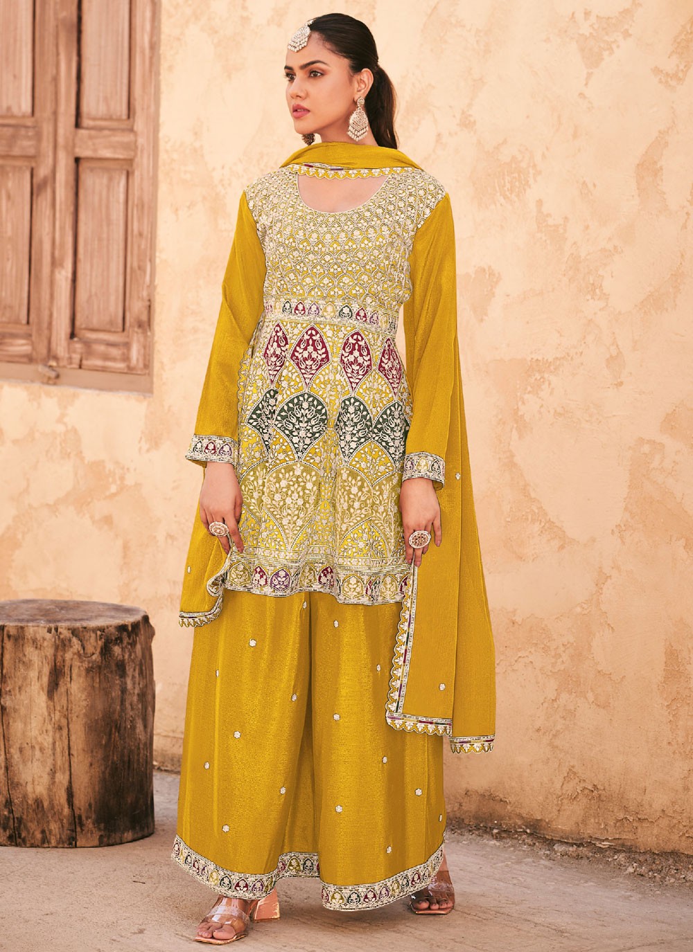 Embroidered Chinon Mustard Palazzo Suit T6211