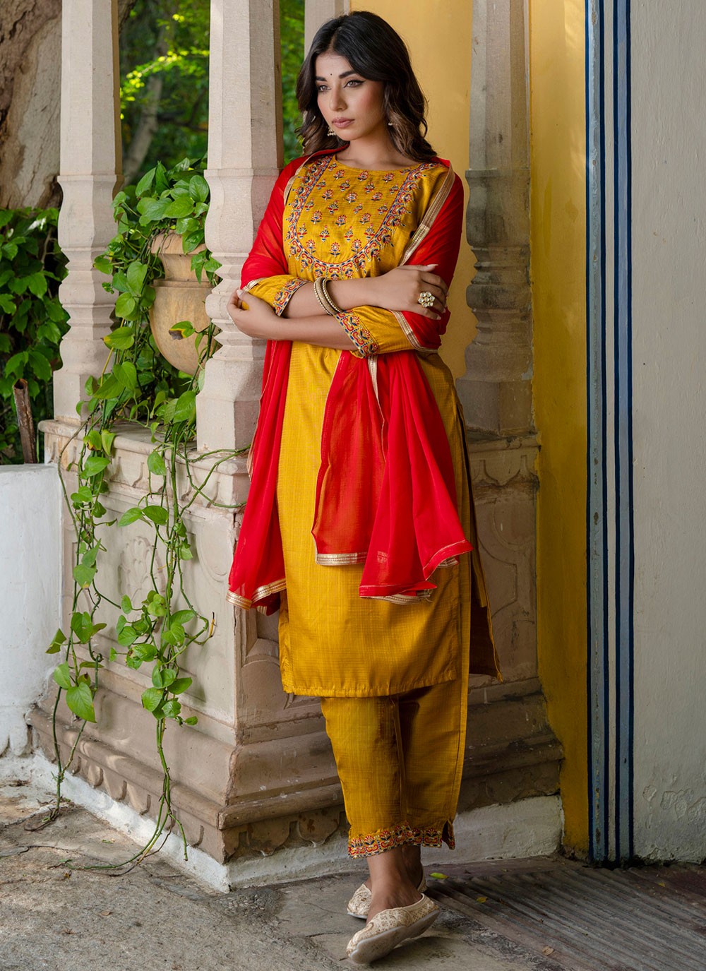 Pant Style Suit Embroidered Mustard T7137