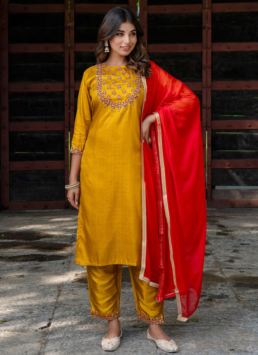 Pant Style Suit Embroidered Mustard T7137