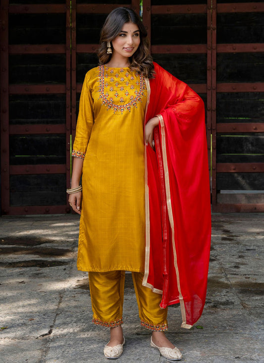 Pant Style Suit Embroidered Mustard T7137