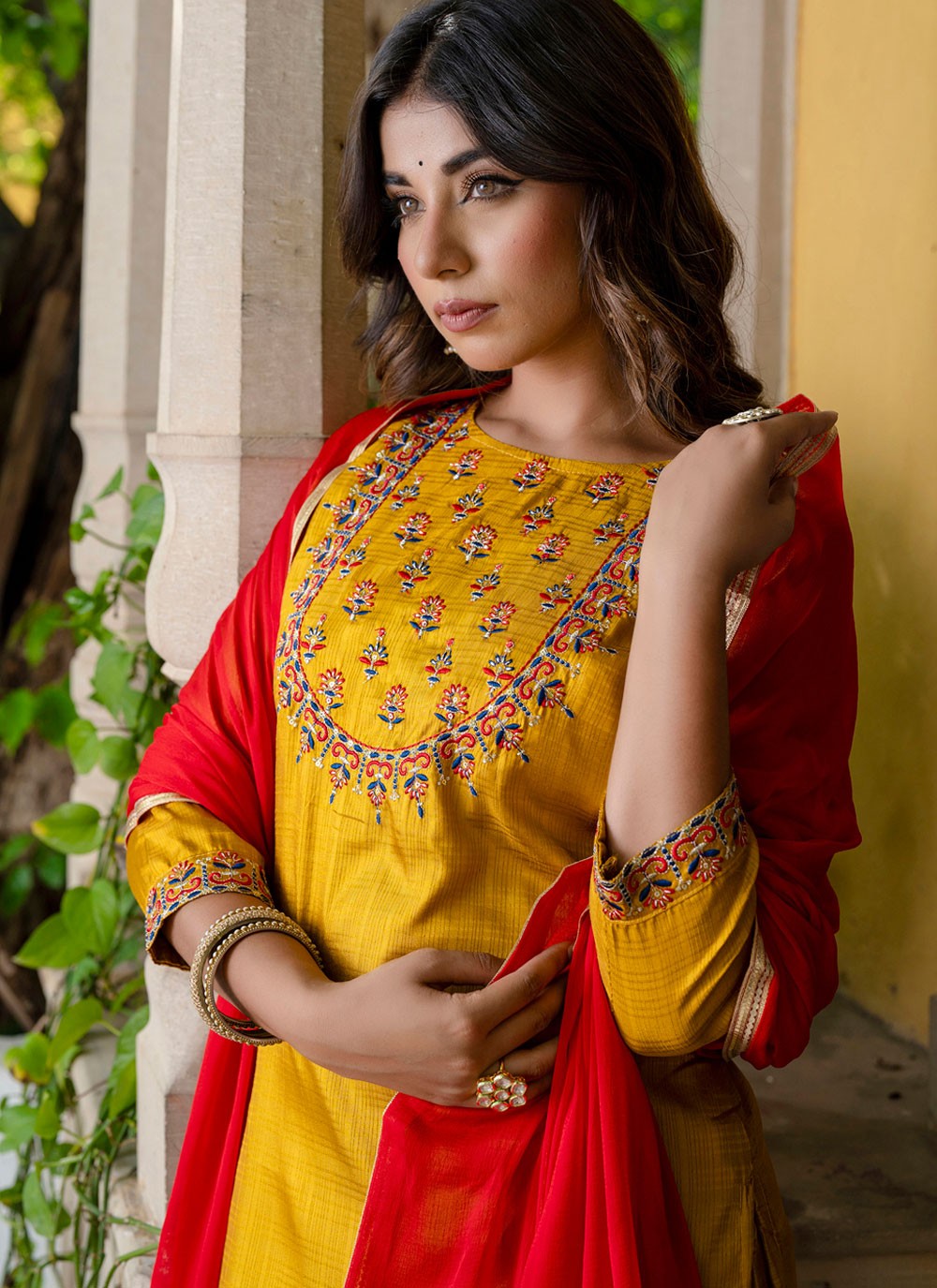 Pant Style Suit Embroidered Mustard T7137
