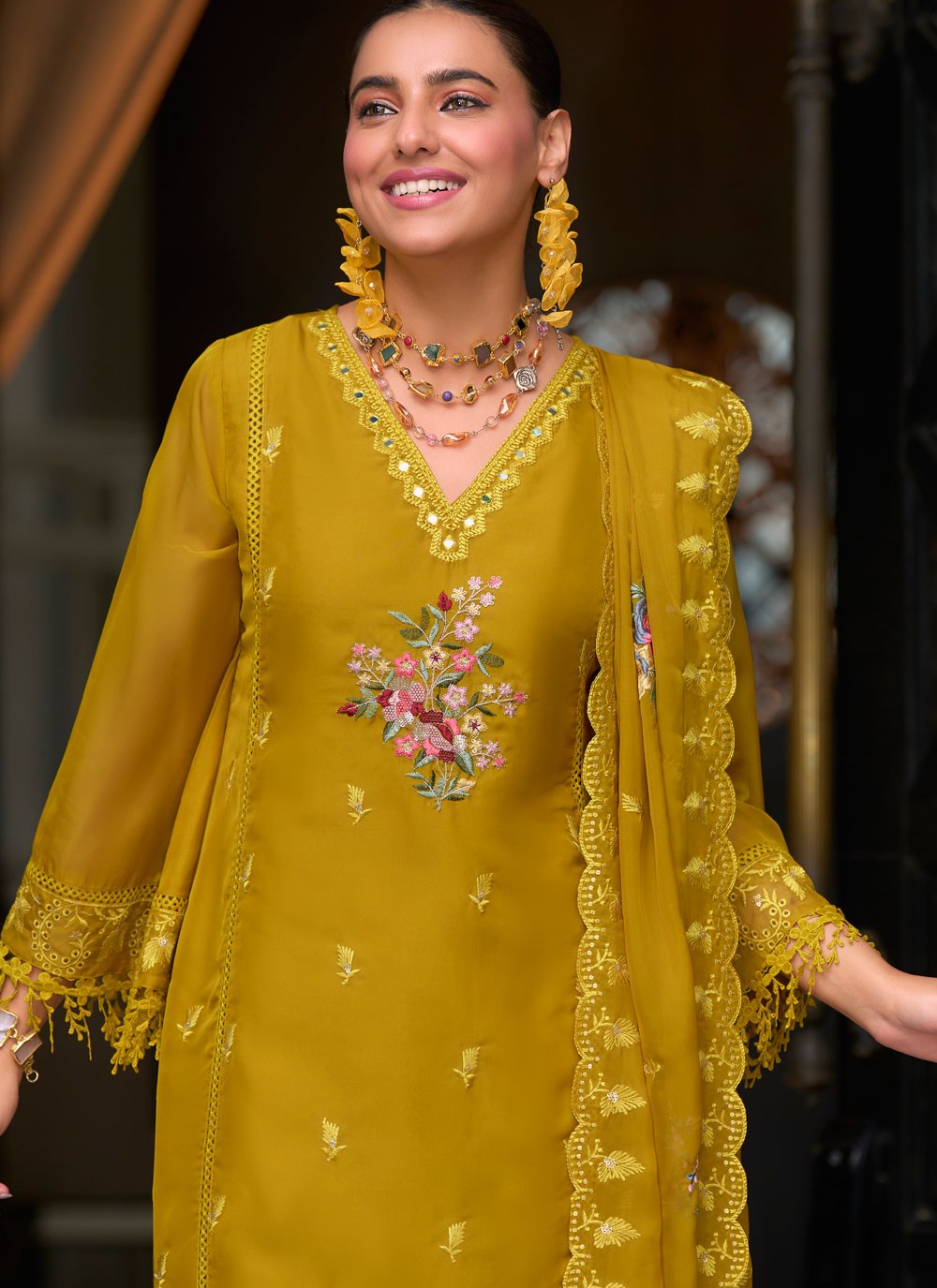 Salwar Suit Embroidered Mustard Organza T5483