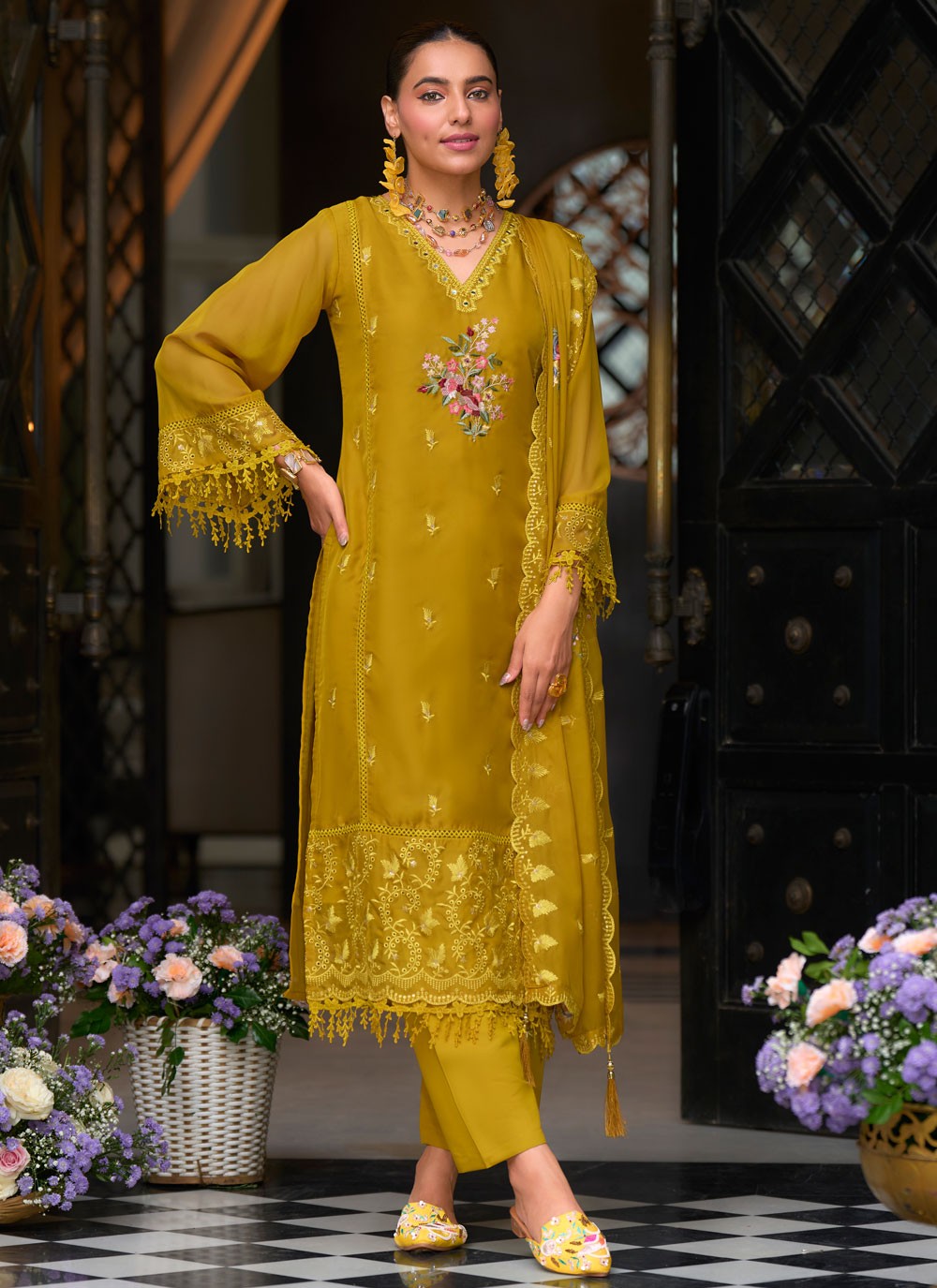 Salwar Suit Embroidered Mustard Organza T5483