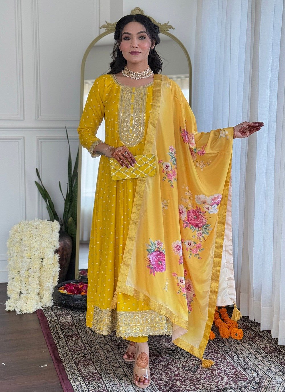 Embroidered Silk Blend Mustard Salwar Suit T6048