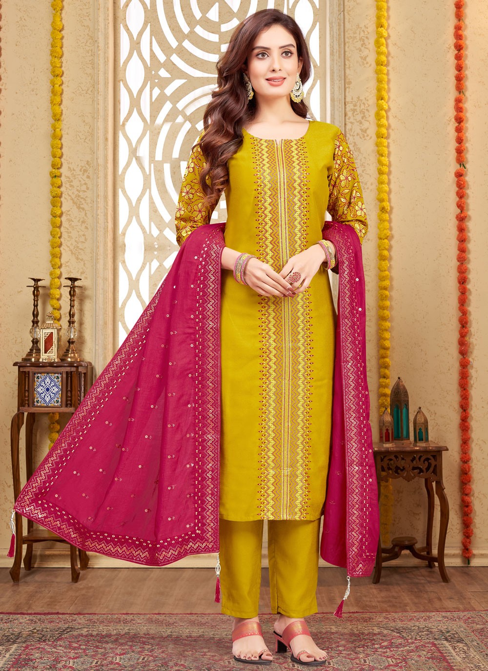 Salwar Suit Embroidered Mustard Silk T5695