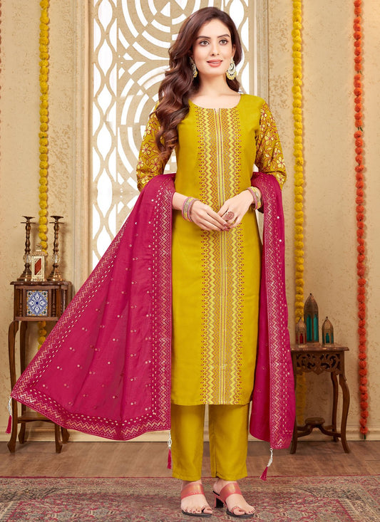 Salwar Suit Embroidered Mustard Silk T5695