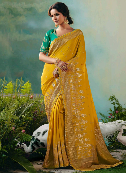 Mustard Silk Trendy Saree Embroidered, Weaving Zari S20201