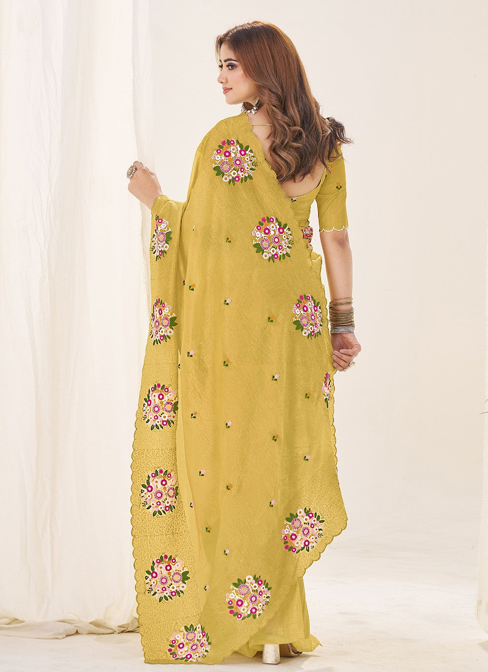 Mustard Crush Classic Saree Cut Work, Embroidered, Thread S19135
