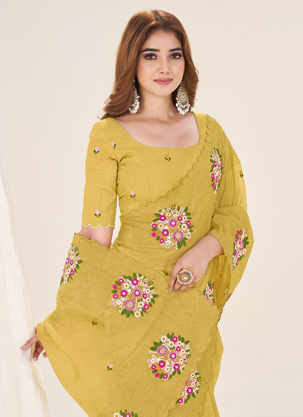 Mustard Crush Classic Saree Cut Work, Embroidered, Thread S19135
