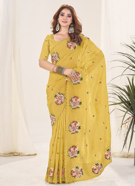 Mustard Crush Classic Saree Cut Work, Embroidered, Thread S19135