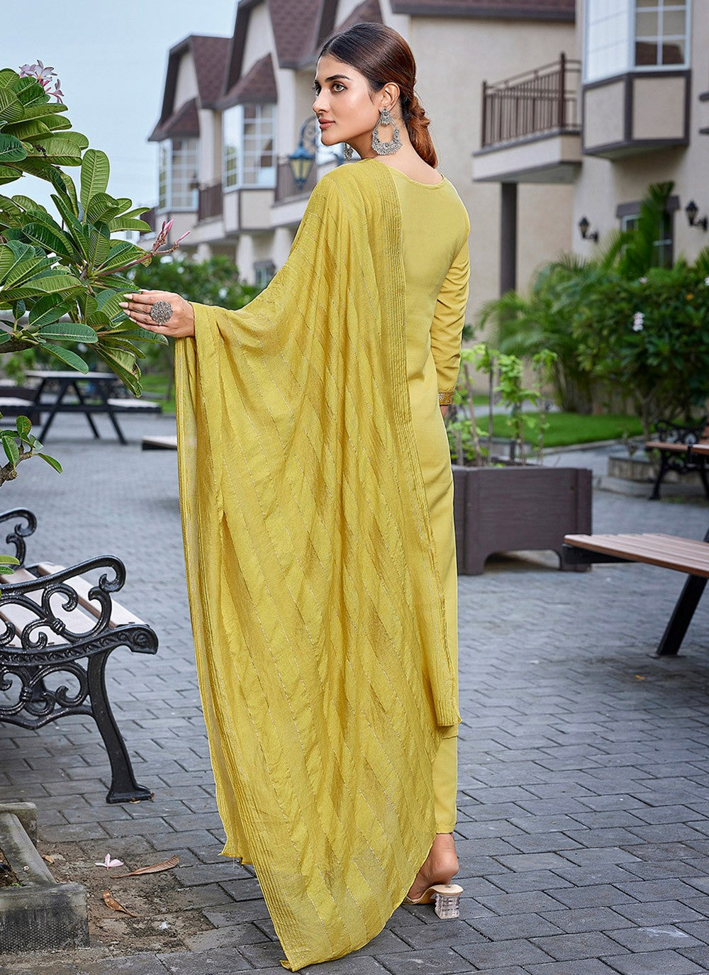 Fancy Work Blended Cotton Mustard Salwar Suit T6070