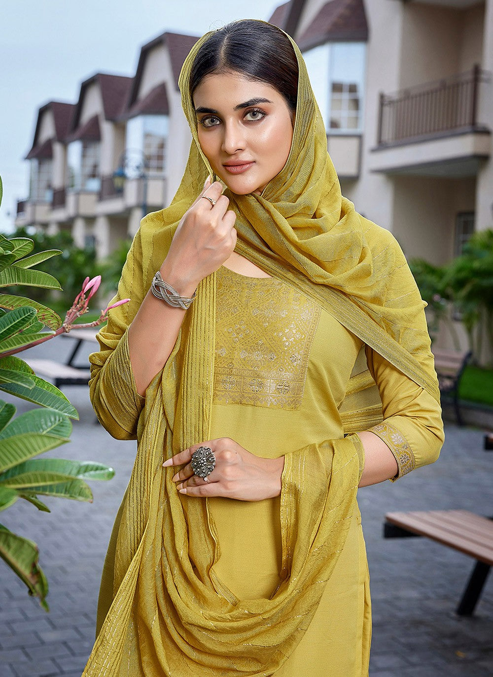 Fancy Work Blended Cotton Mustard Salwar Suit T6070