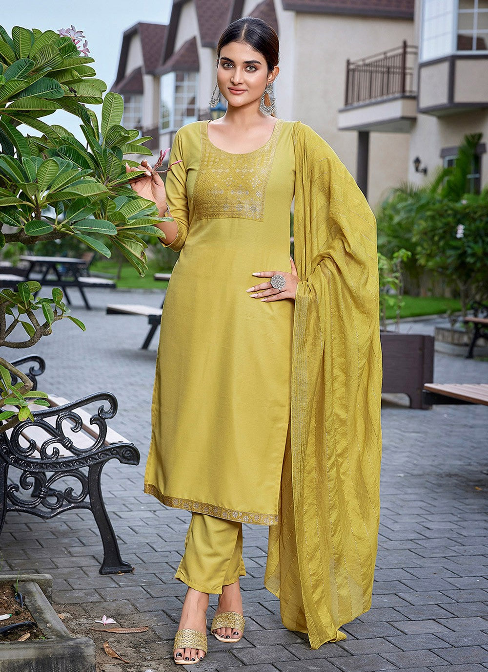 Fancy Work Blended Cotton Mustard Salwar Suit T6070