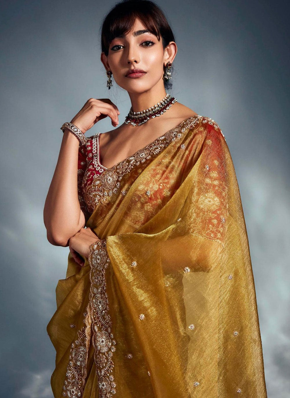 Mustard Fancy Fabric Classic Saree Cut Work, Cutdana, Sequins, Zari S19063
