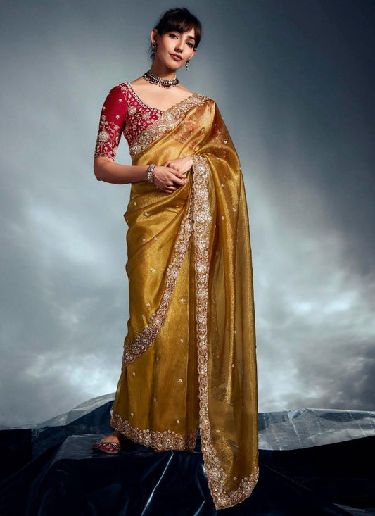 Mustard Fancy Fabric Classic Saree Cut Work, Cutdana, Sequins, Zari S19063