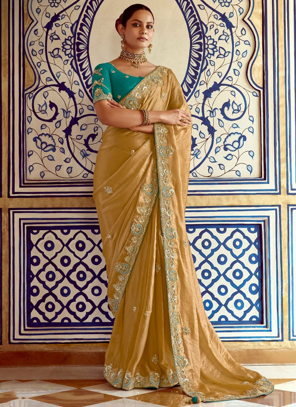 Embroidered Fancy Fabric Mustard Saree S14389