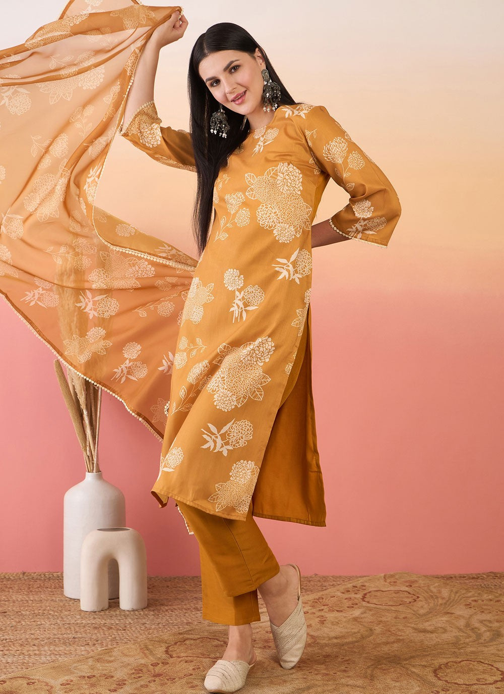 Salwar Suit Printed Mustard Chinon T5833