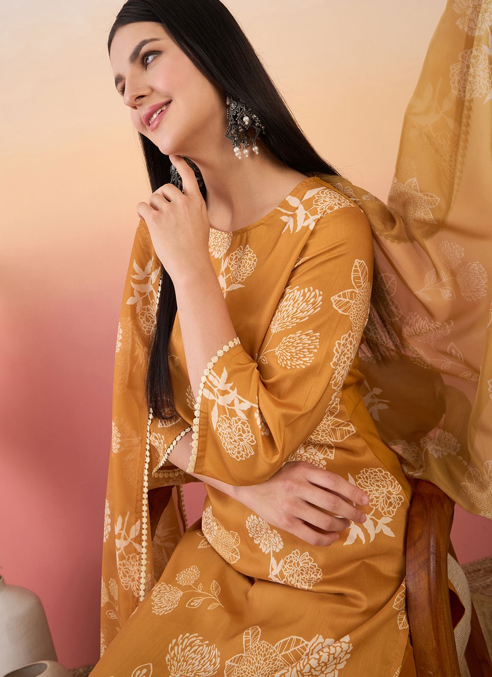 Salwar Suit Printed Mustard Chinon T5833