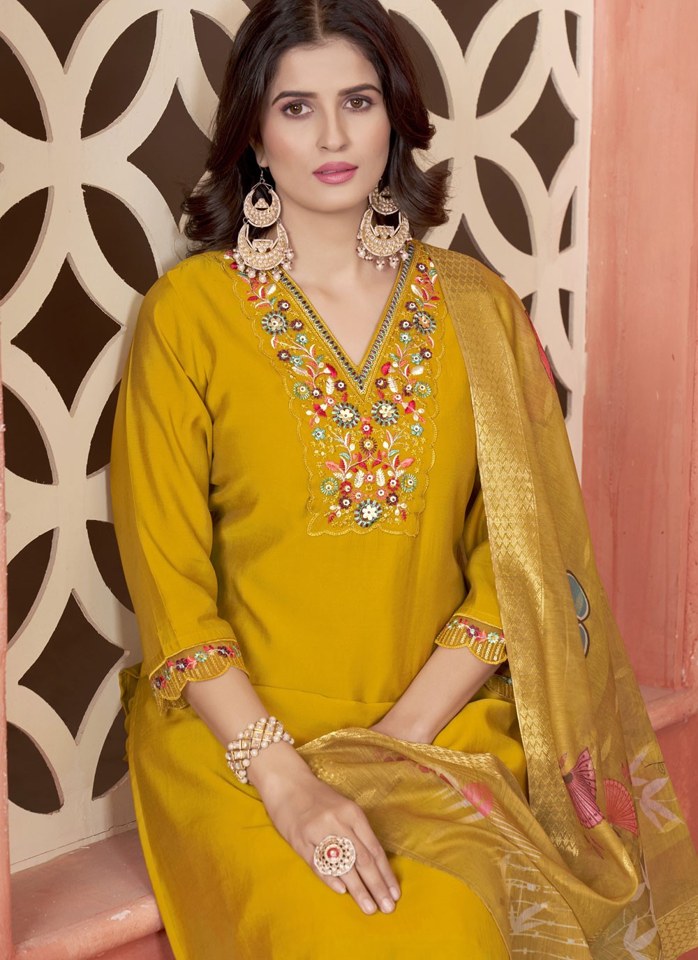 Salwar Suit Embroidered Mustard Silk T5124