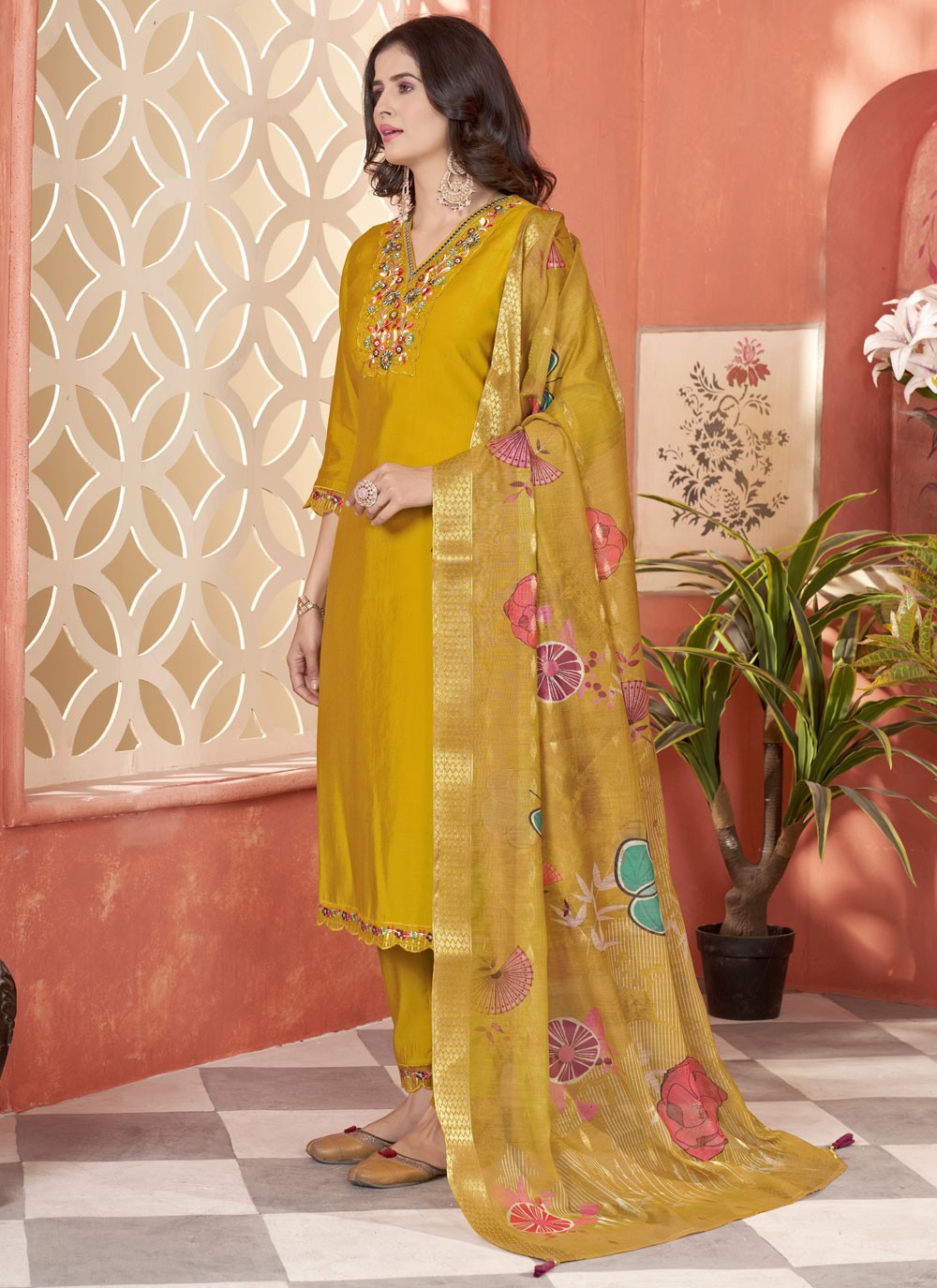 Salwar Suit Embroidered Mustard Silk T5124
