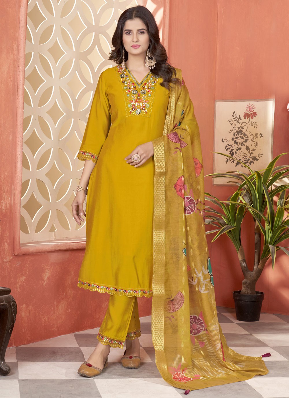 Salwar Suit Embroidered Mustard Silk T5124