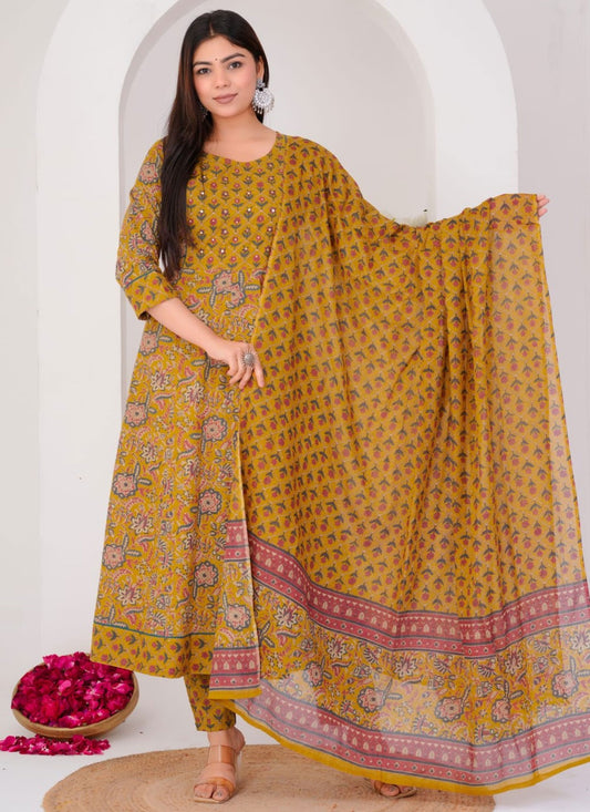 Salwar Suit Floral Printed Mustard Cotton T5698