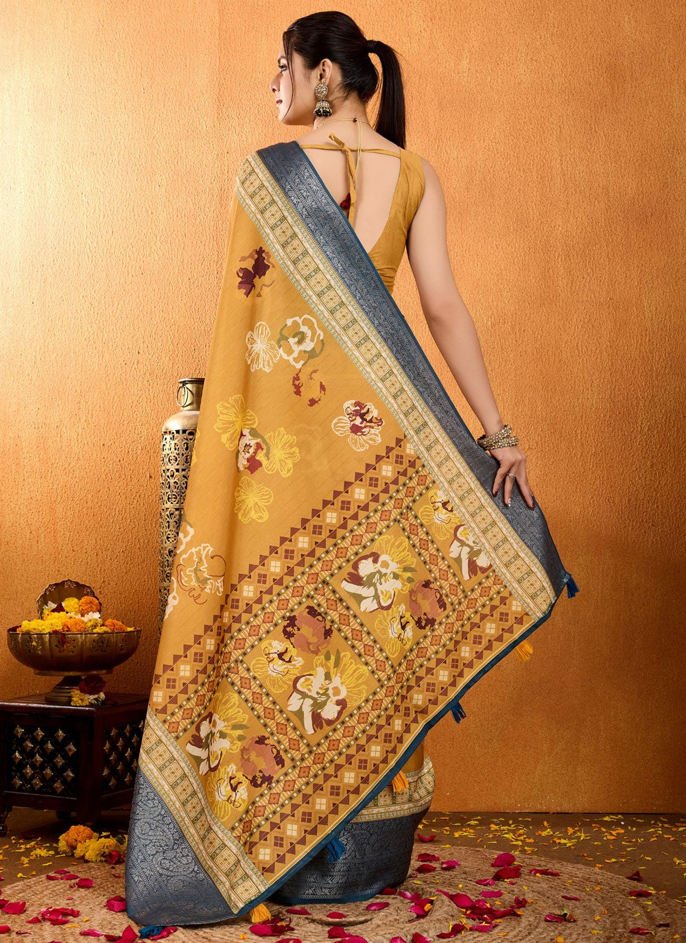 Floral Printed Silk Mustard Saree S14017