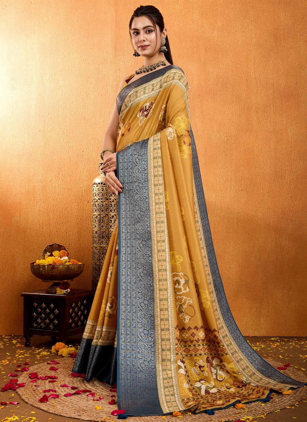 Floral Printed Silk Mustard Saree S13781