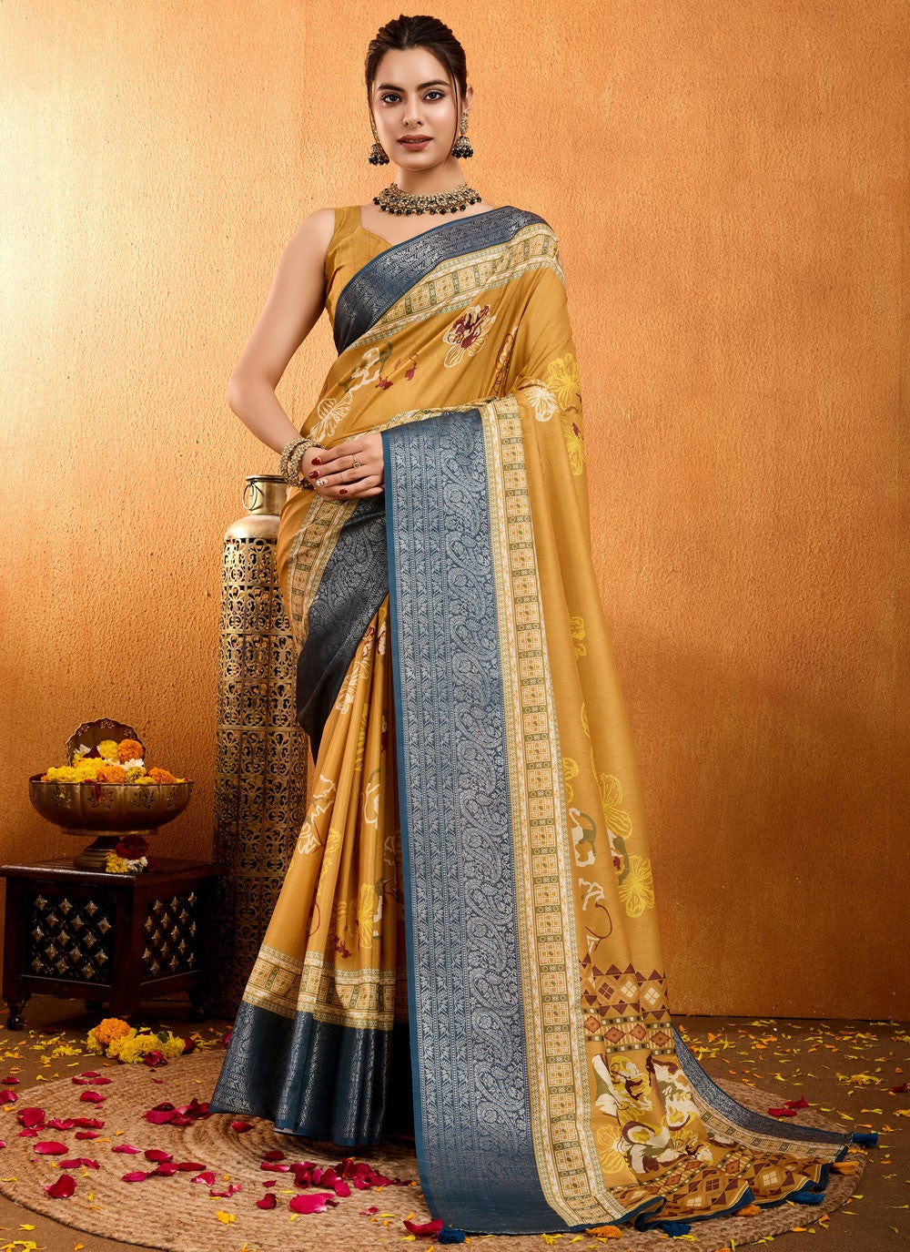 Floral Printed Silk Mustard Saree S13781