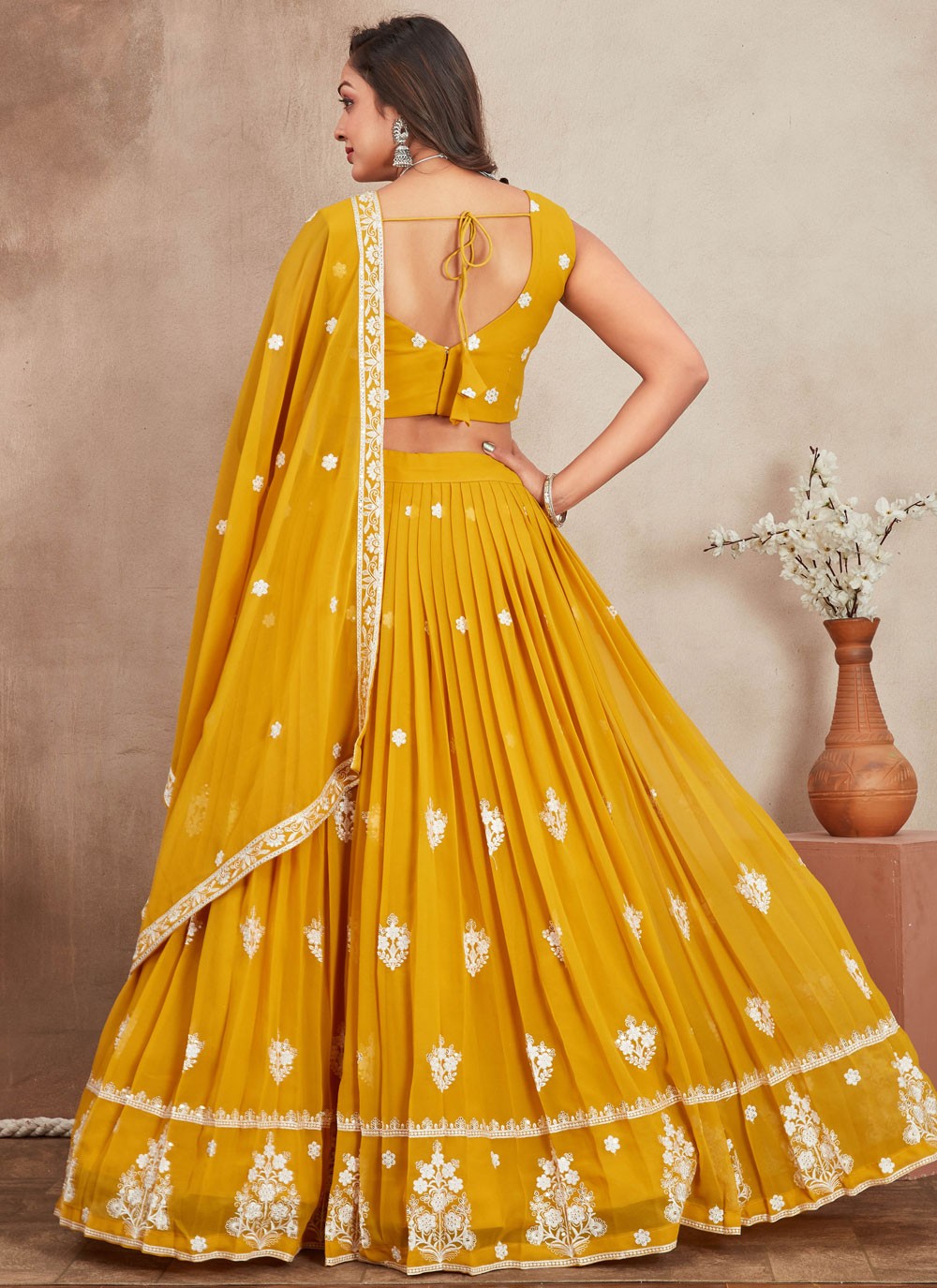 Embroidered Georgette Mustard Lehenga - L3284