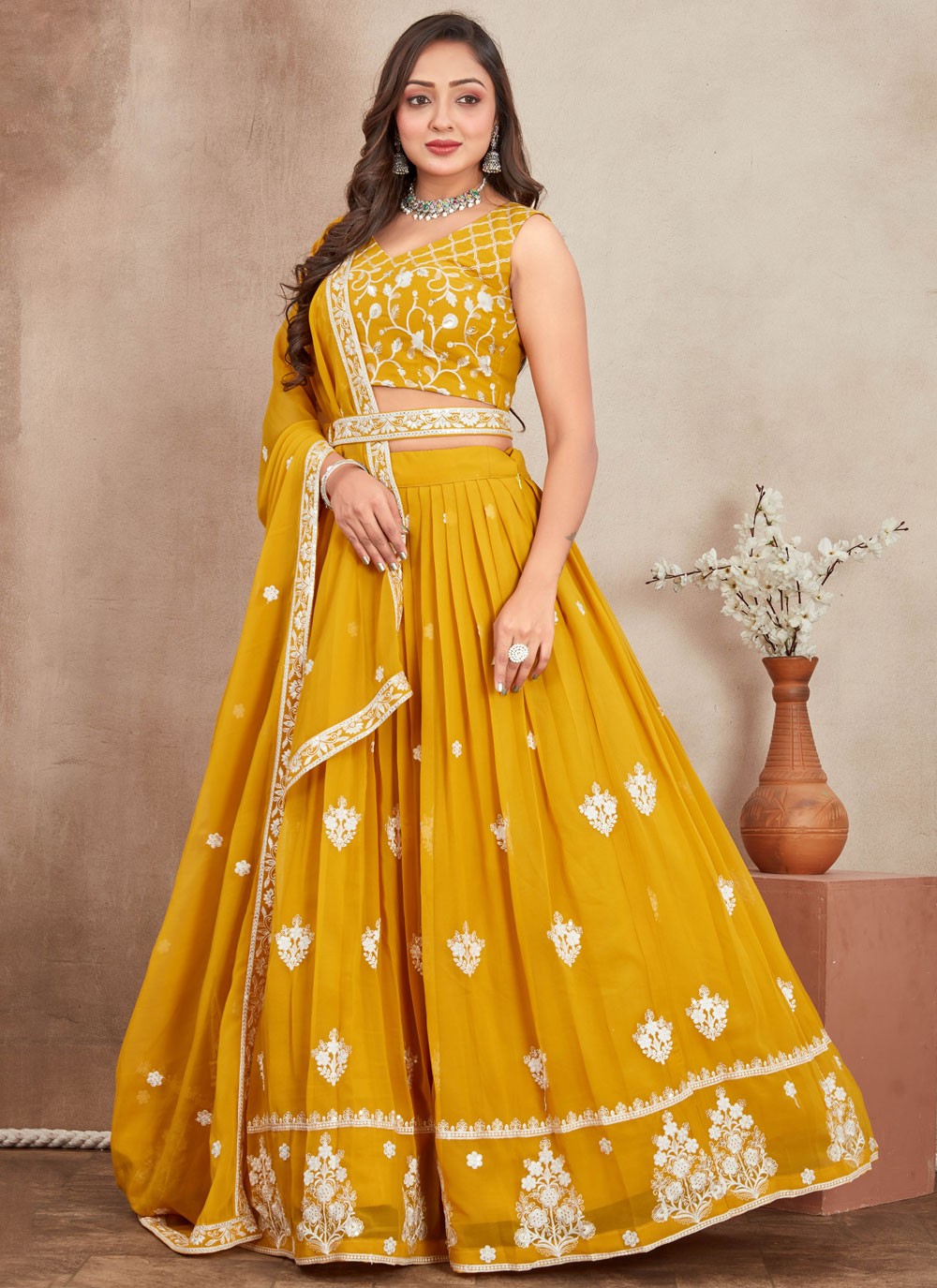 Embroidered Georgette Mustard Lehenga - L3284