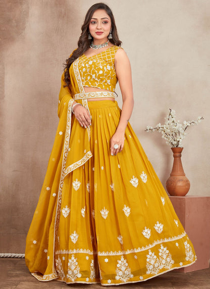 Embroidered Georgette Mustard Lehenga - L3284